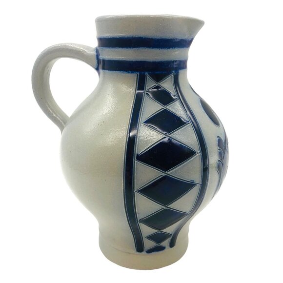 Merkelbach Goebel Vintage Salt Glazed Pottery Pitcher West Germany Blue Diamond - Picture 2 of 9